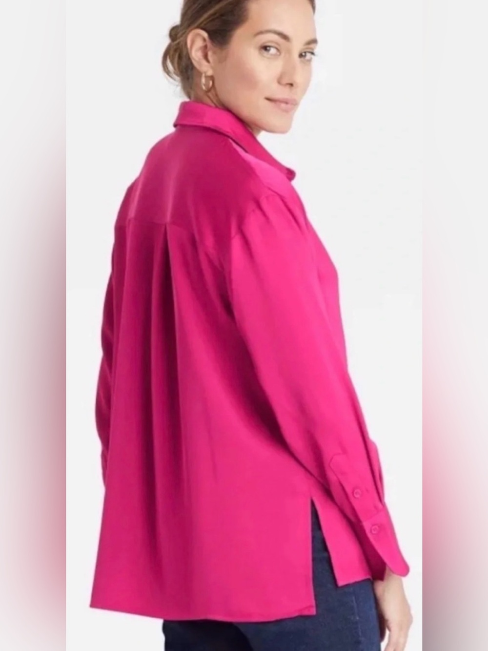 A New Day Button Down Satin Pink Blouse - EUC